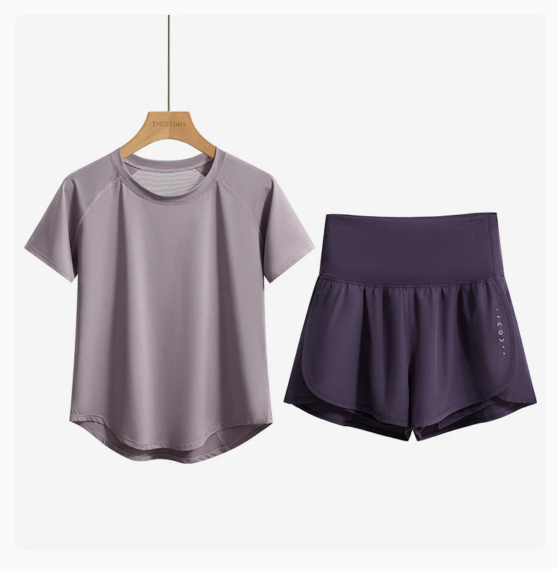 DRUR 2pcs Sport Set Women 2 Piece Running Suit Summer Sportswear Outfits Short Sleeve Gym Tops Shorts Sets Woman Fitness Clothes