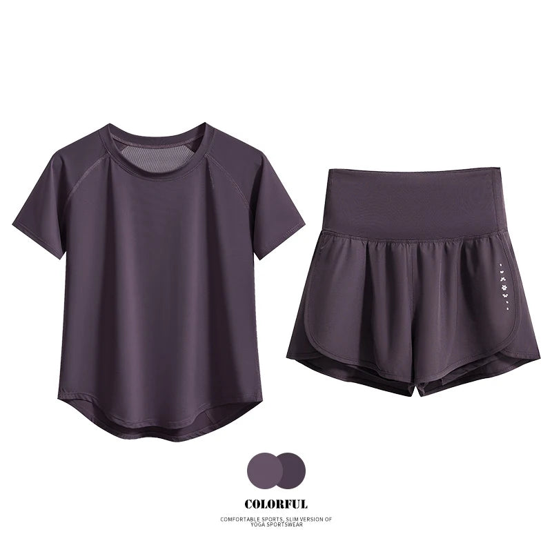 DRUR 2pcs Sport Set Women 2 Piece Running Suit Summer Sportswear Outfits Short Sleeve Gym Tops Shorts Sets Woman Fitness Clothes