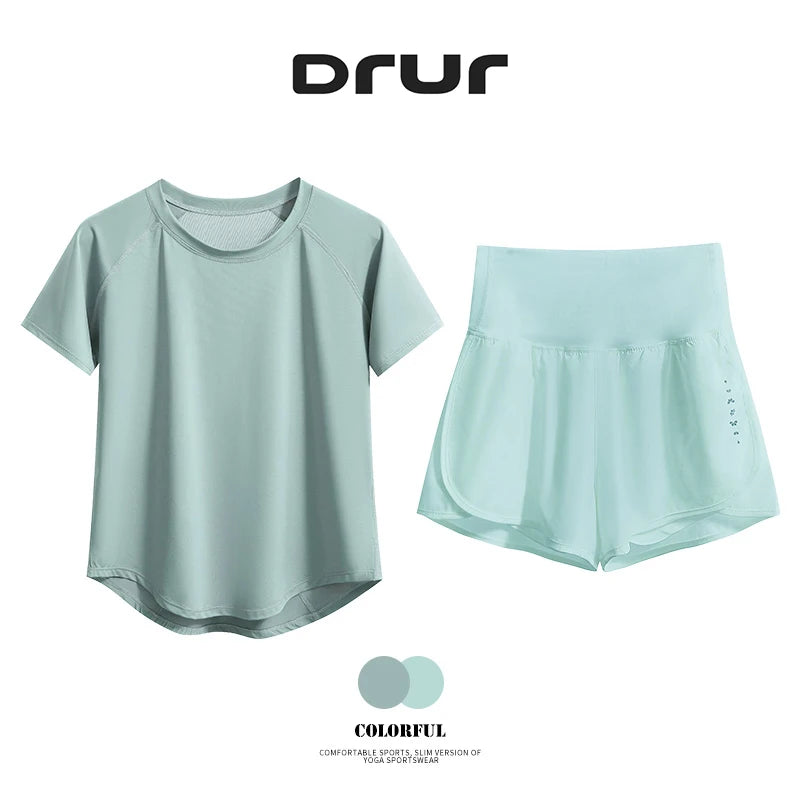 DRUR 2pcs Sport Set Women 2 Piece Running Suit Summer Sportswear Outfits Short Sleeve Gym Tops Shorts Sets Woman Fitness Clothes