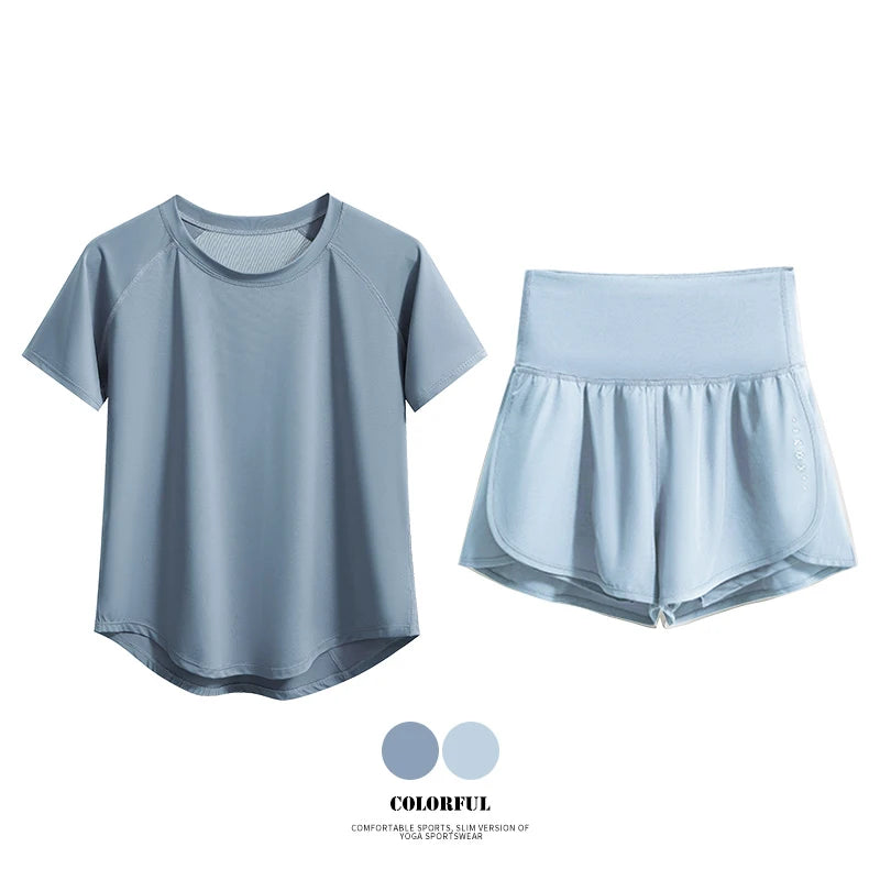 DRUR 2pcs Sport Set Women 2 Piece Running Suit Summer Sportswear Outfits Short Sleeve Gym Tops Shorts Sets Woman Fitness Clothes