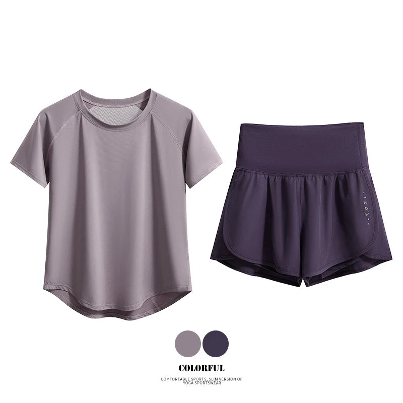 DRUR 2pcs Sport Set Women 2 Piece Running Suit Summer Sportswear Outfits Short Sleeve Gym Tops Shorts Sets Woman Fitness Clothes
