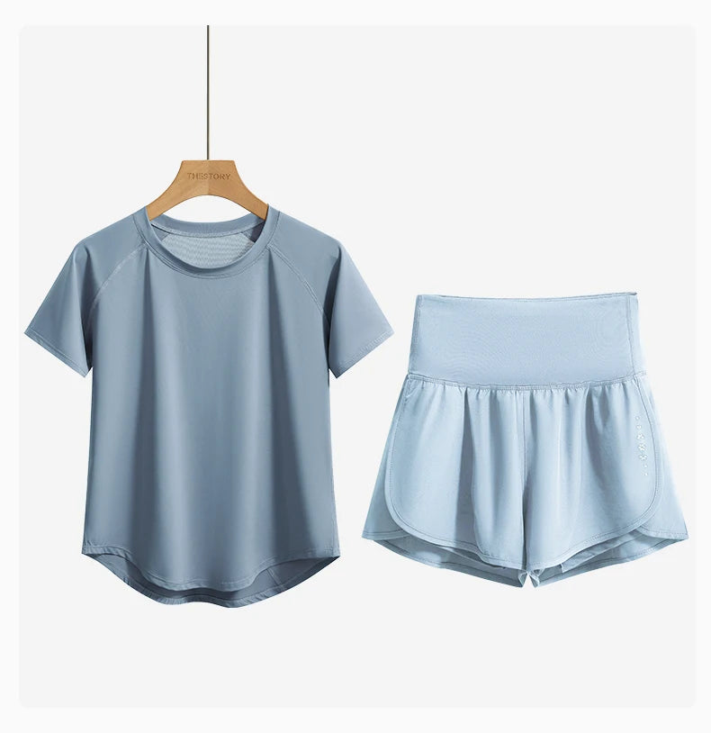 DRUR 2pcs Sport Set Women 2 Piece Running Suit Summer Sportswear Outfits Short Sleeve Gym Tops Shorts Sets Woman Fitness Clothes