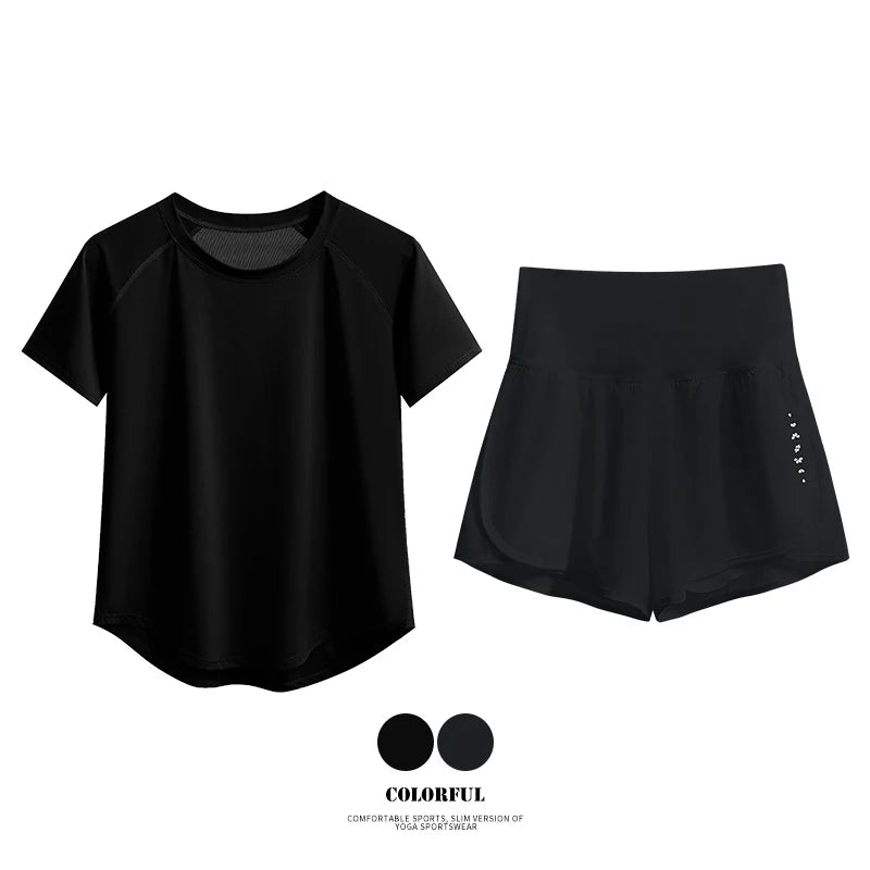 DRUR 2pcs Sport Set Women 2 Piece Running Suit Summer Sportswear Outfits Short Sleeve Gym Tops Shorts Sets Woman Fitness Clothes